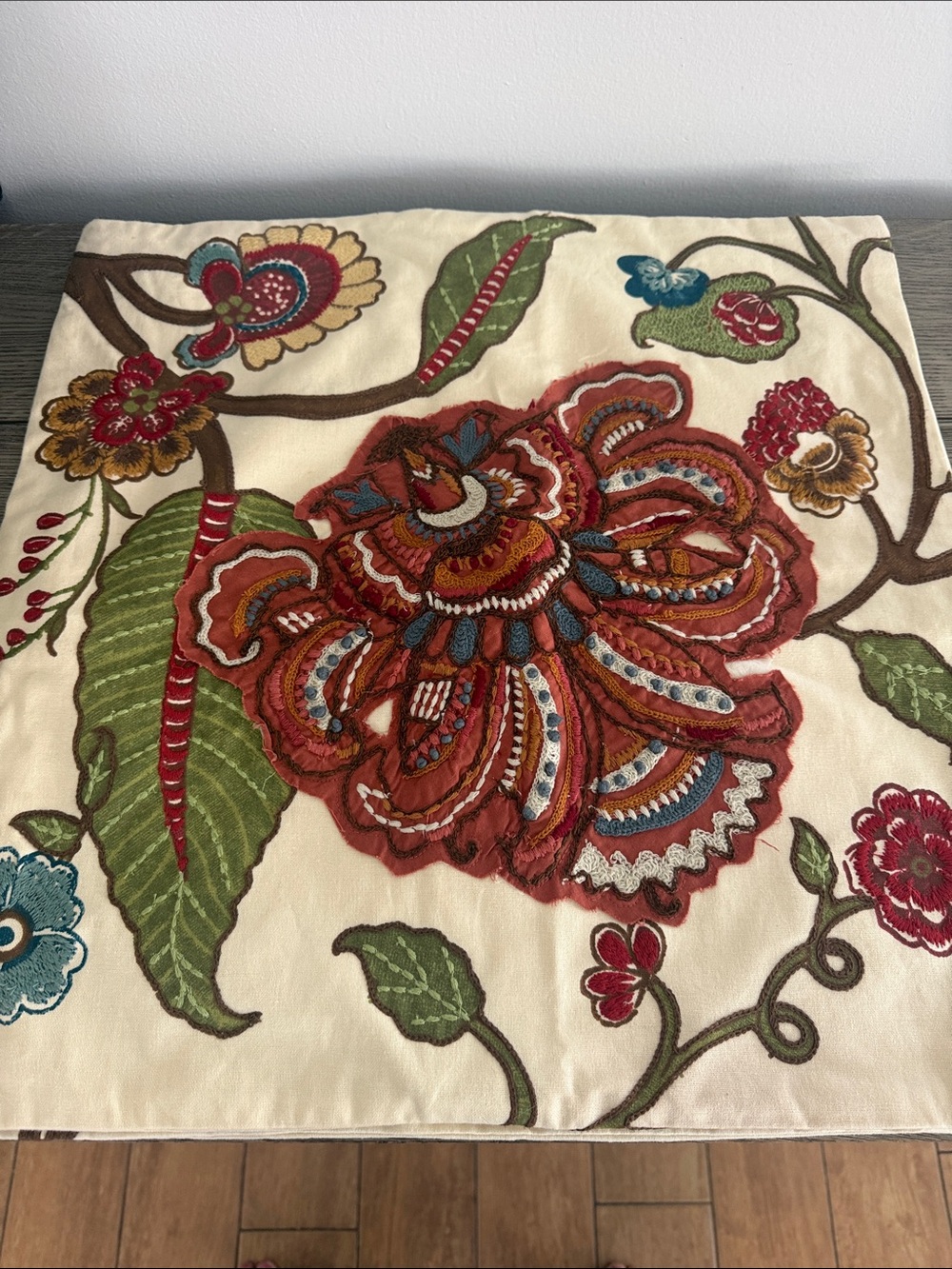 POTTERY BARN - 2 Embroidered Floral Throw Pillow Cover - Rust, Green, Cream